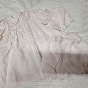 Petit Ami Pale Pink Smocked Dress Set with Bonnet and Bloomers